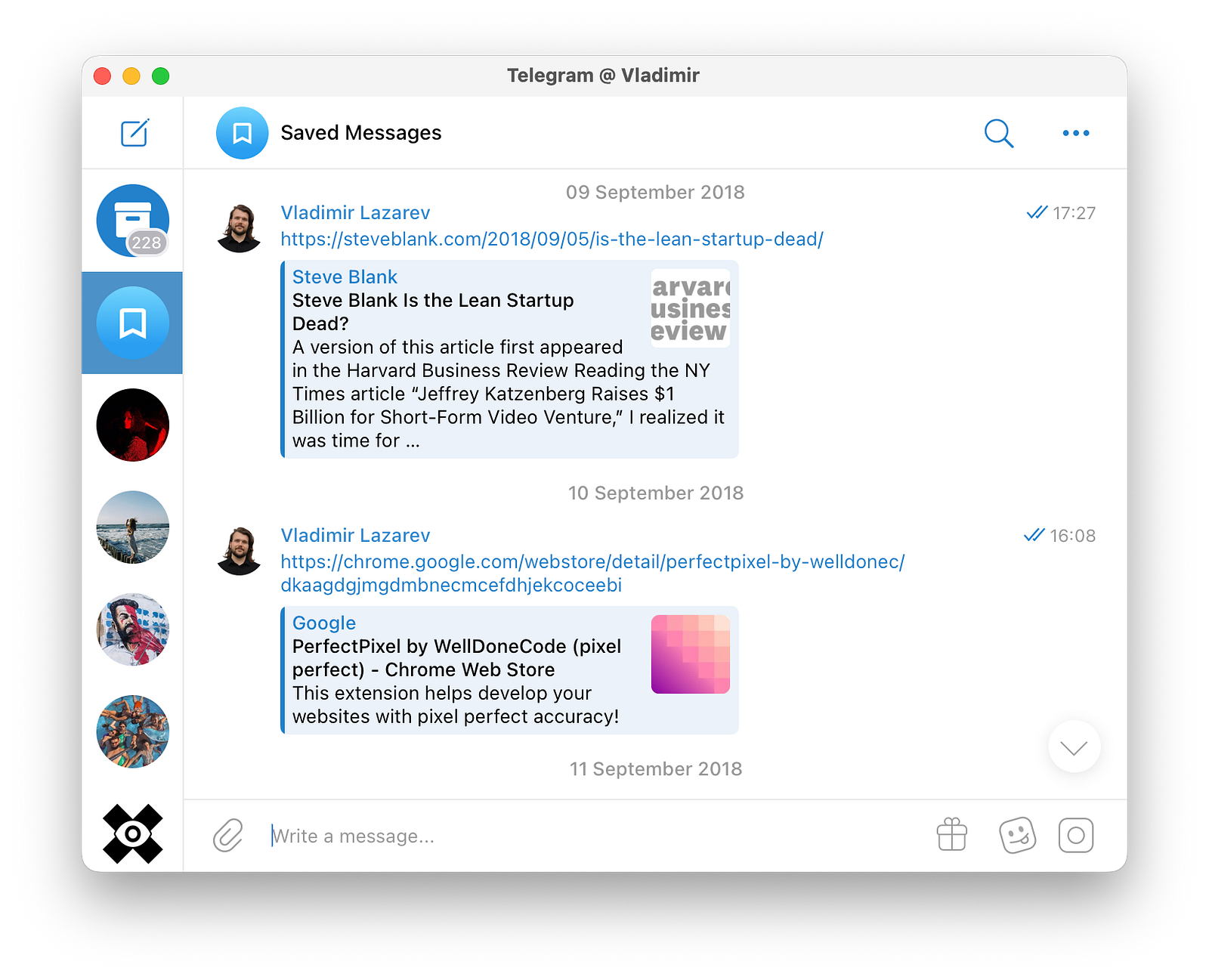 Screenshot of Telegram saved messages from 2018