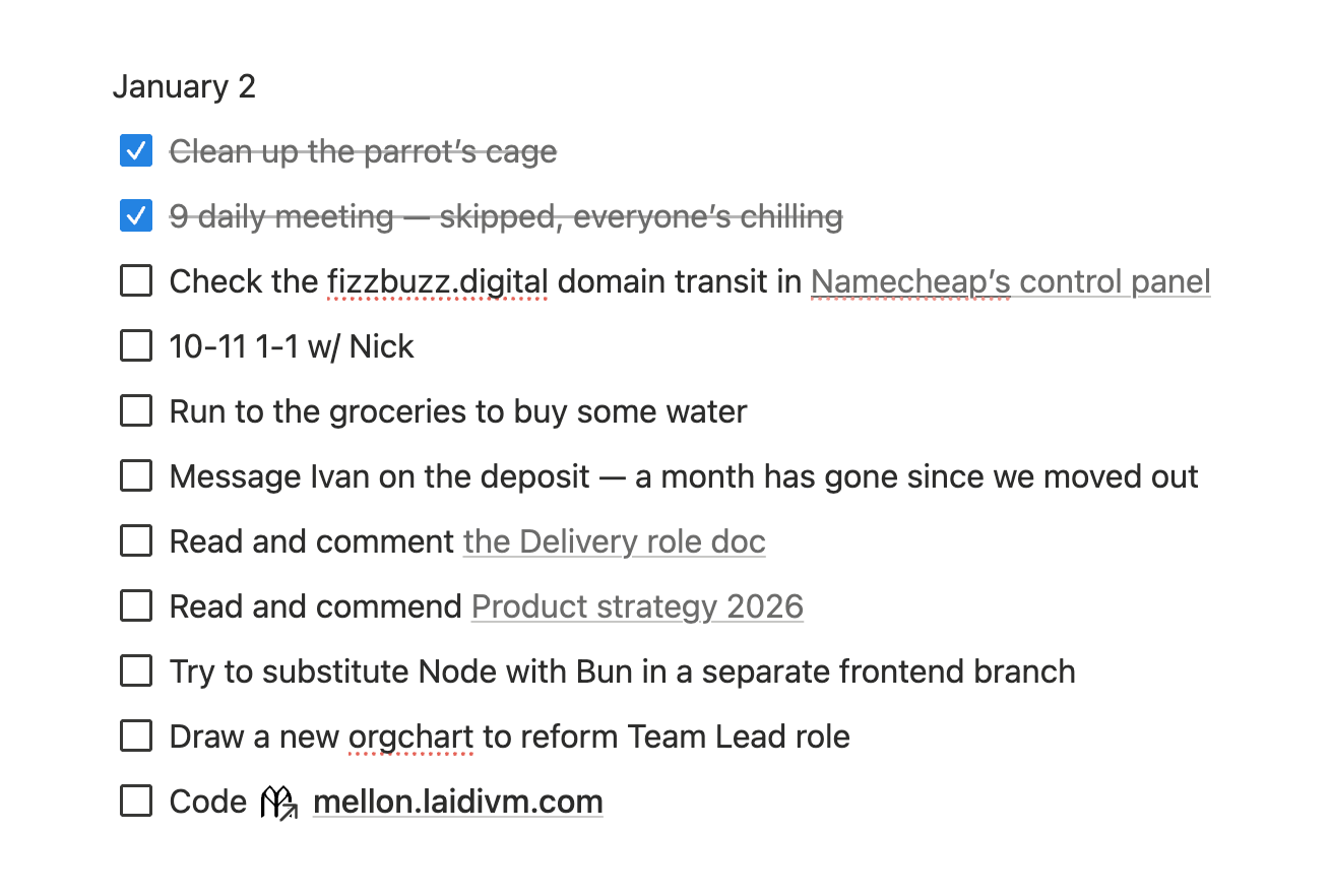Checklist for 2nd January